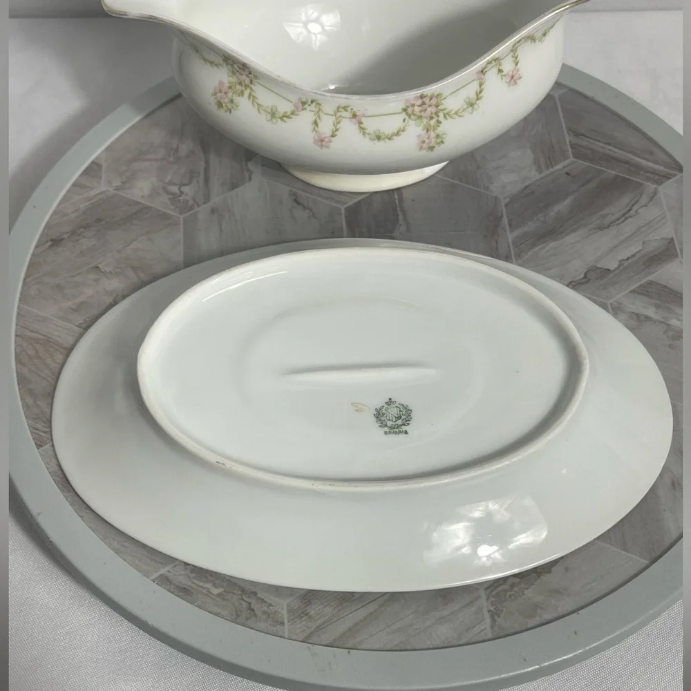 Bavaria Elegant White Delicate Pink Floral Green Garland Gravy Boat with Saucer